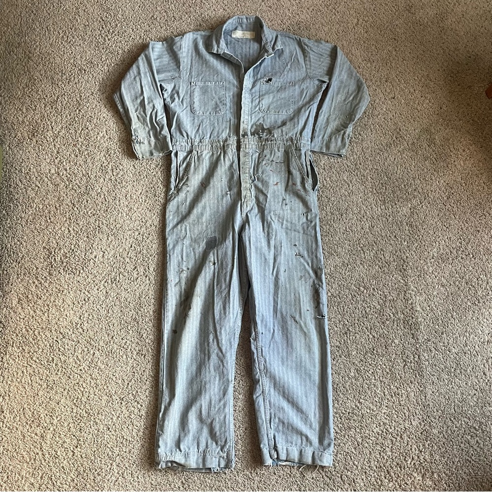 Vintage Red Kap Mechanic Work Coveralls Herringbone Stripe Mens 46 Reg USA